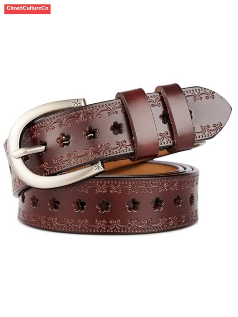 Women Vintage Floral Engraved Genuine Leather Western Belt
